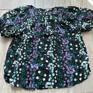 LOFT Women’s Floral Blouse Size Medium Black Green Purple Boho Sheer Peasant Top